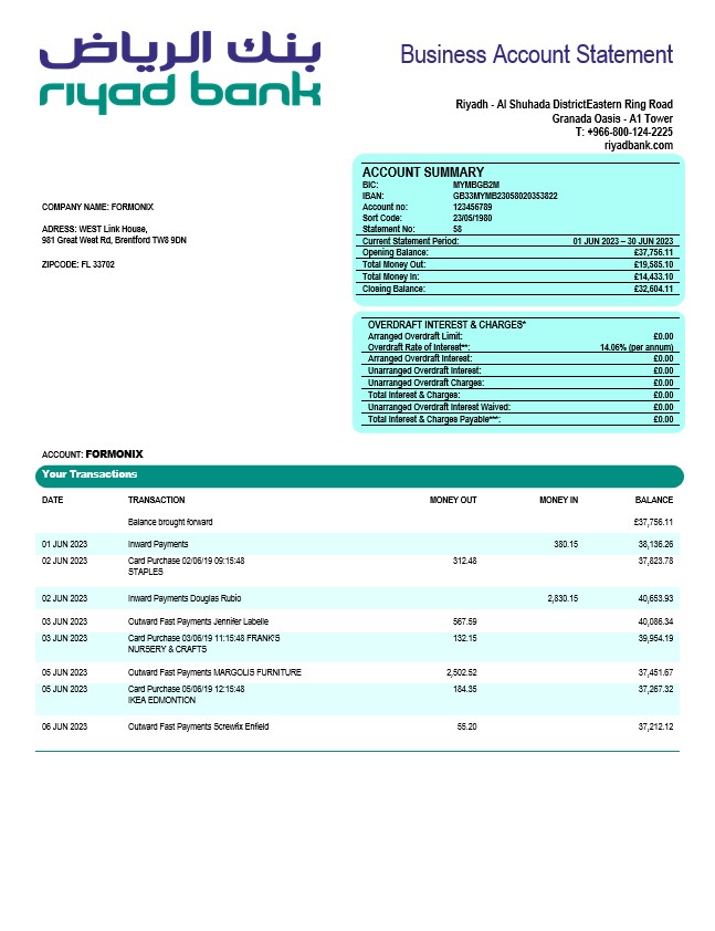 Modèle Word et PDF de déclaration d'entreprise de Riyad Bank